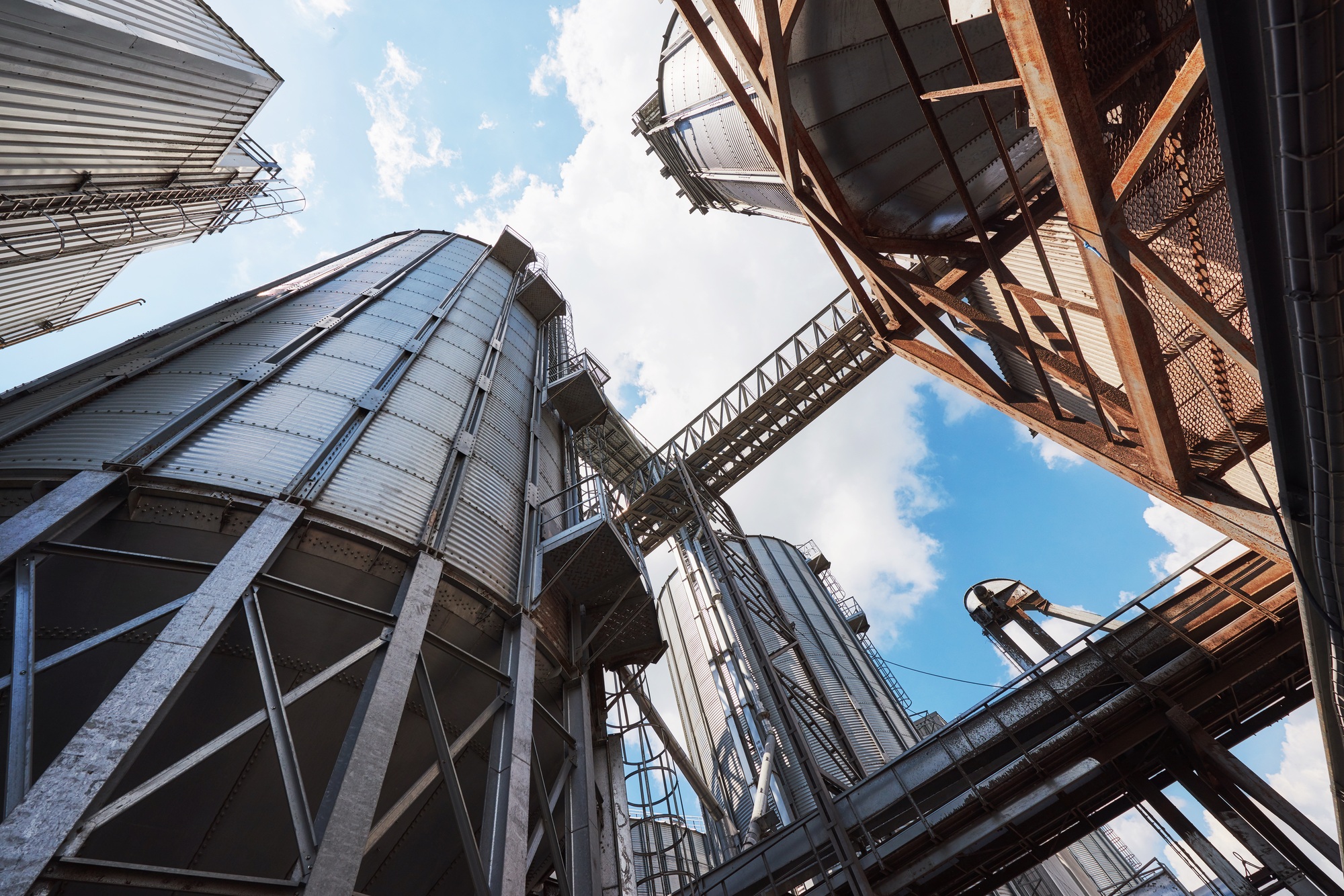 Agricultural Silos. Building Exterior. Storage and drying of grains, wheat, corn, soy, sunflower